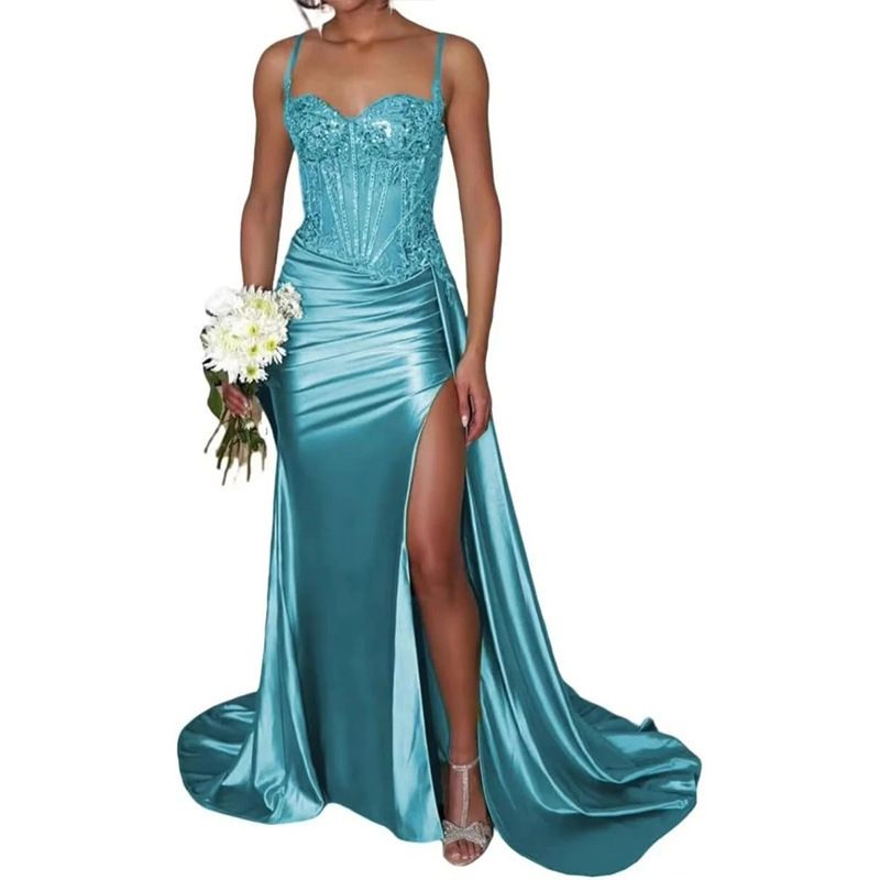 Abito da sera elegante verde senza spalline con spacco alto e piccolo strascico – Abito da sera formale per donna_voghion.com