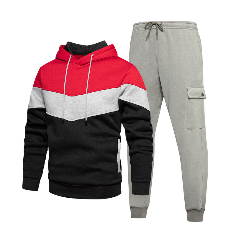 Conjunto deportivo informal de dos piezas con capucha y contraste de color para hombre_voghion.com