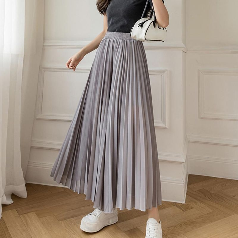 Vente chaude mode coréenne femmes jambe large plissée élastique taille haute en mousseline de soie pantalon été décontracté pantalon ample streetwear_voghion.com