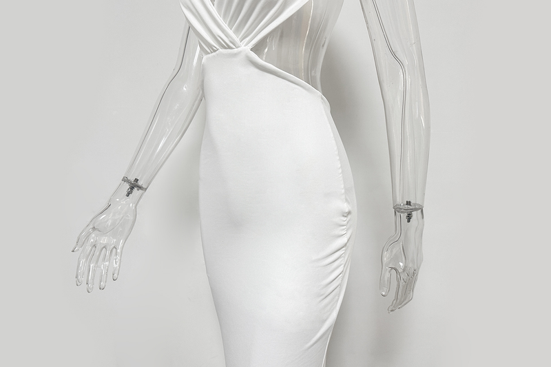 Sexy Kleid mit V-Ausschnitt, rückenfreies Kurzarmkleid, heiß verkaufte Damen-Slim-Fit-Kleidung, hüftbetont, langer Rock mit Schlitz_voghion.com