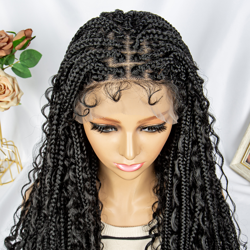 32inch long synthetic lace braid 9*6 transparent lace hand-woven braid with flower wig headgear box braid with baby hair_voghion.com