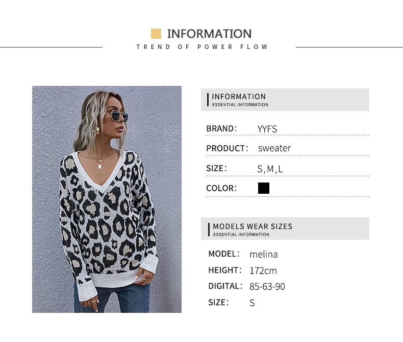 Gestrickter Pullover mit Leopardenmuster und V-Ausschnitt_voghion.com