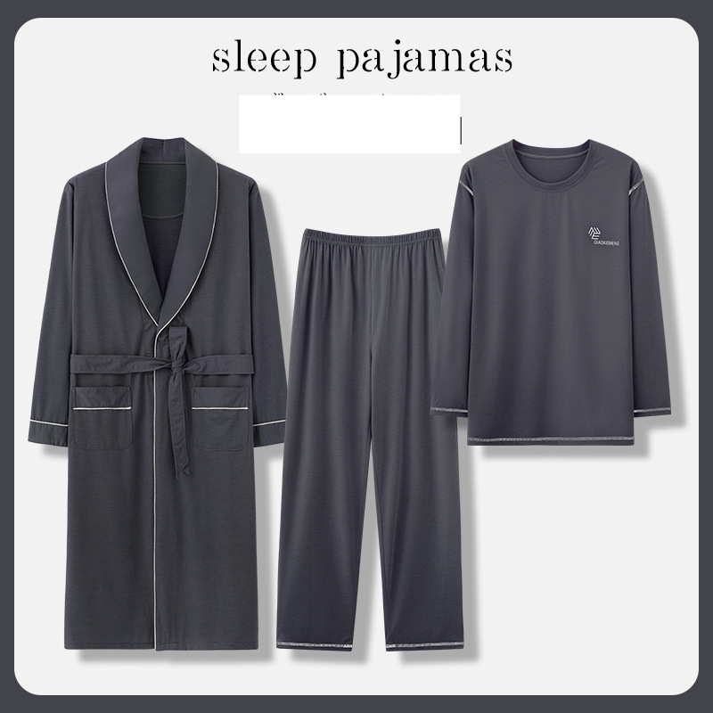 Pyjama Herren Bademantel Frühling und Herbst Modal Langarm Mittellanger Bademantel Aus Baumwolle Und Seide In Übergröße Dreiteilige Heimkleidung_voghion.com