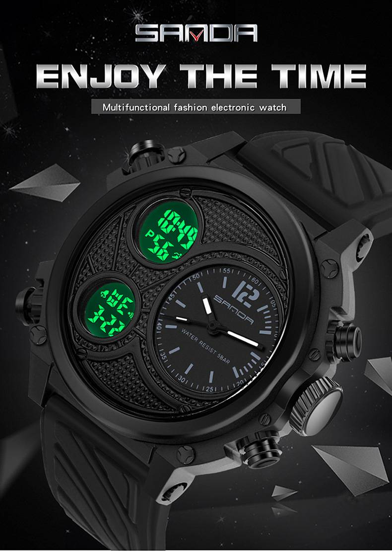 SANDA LED Digital Sport Watches 50m Waterproof Electronic Wristwatch Three Time Display Quartz Watch for Men Alarm Clock_voghion.com