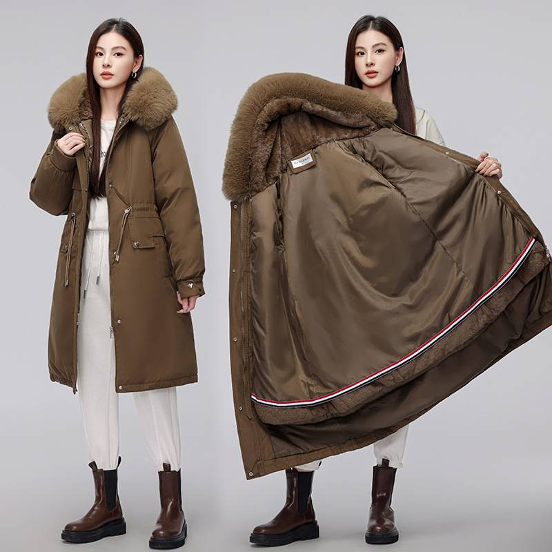 Damenbekleidung Plus Samt Slim Fit Parka Baumwollmantel mit großem Pelzkragen und verlängertem Stil mit herausnehmbarem Futter und Live-Futter Baumwollmantel_voghion.com