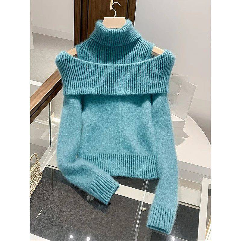 Roupas femininas Outono e inverno macio e de alta qualidade vinho tinto duas peças malha tops gola alta ombro a ombro suéter_voghion.com