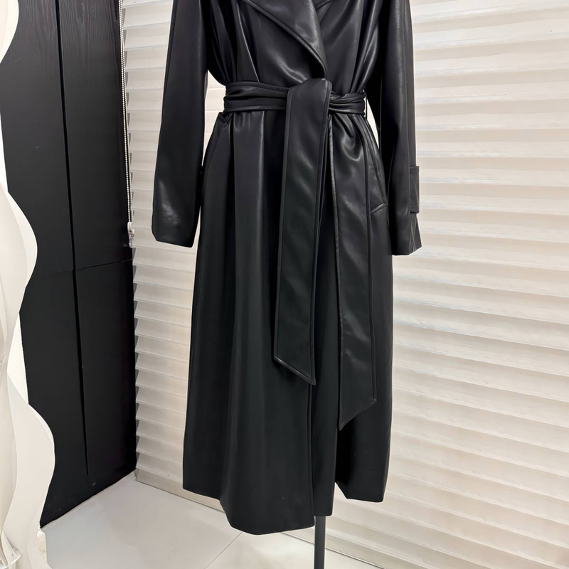 Dame lang motorcykel snøre Slim Pu læderfrakke Trench Coat_voghion.com