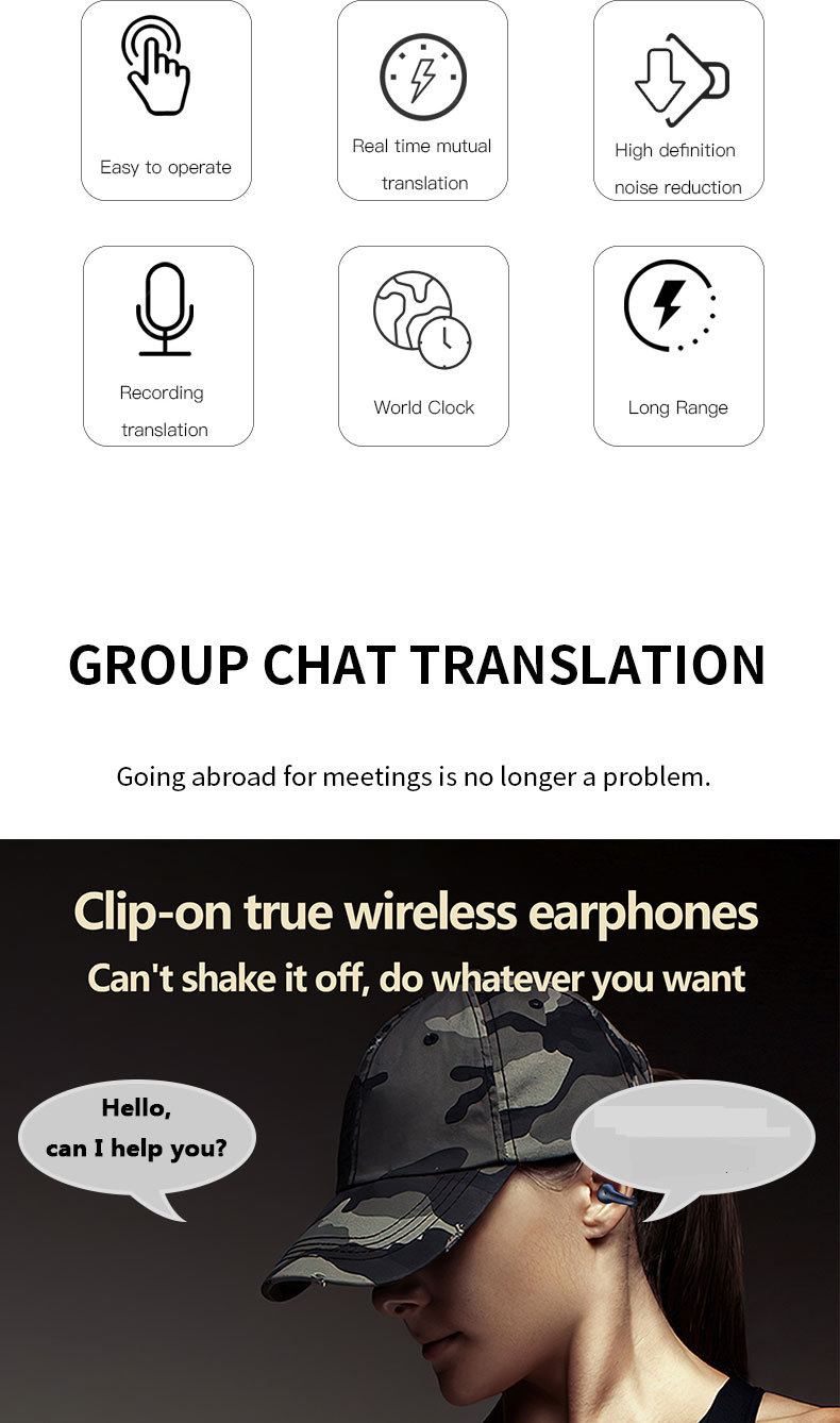 Translator New Ear Hanging Bluetooth Translation Headset Multi Language Translation Learning Travel Translator_voghion.com