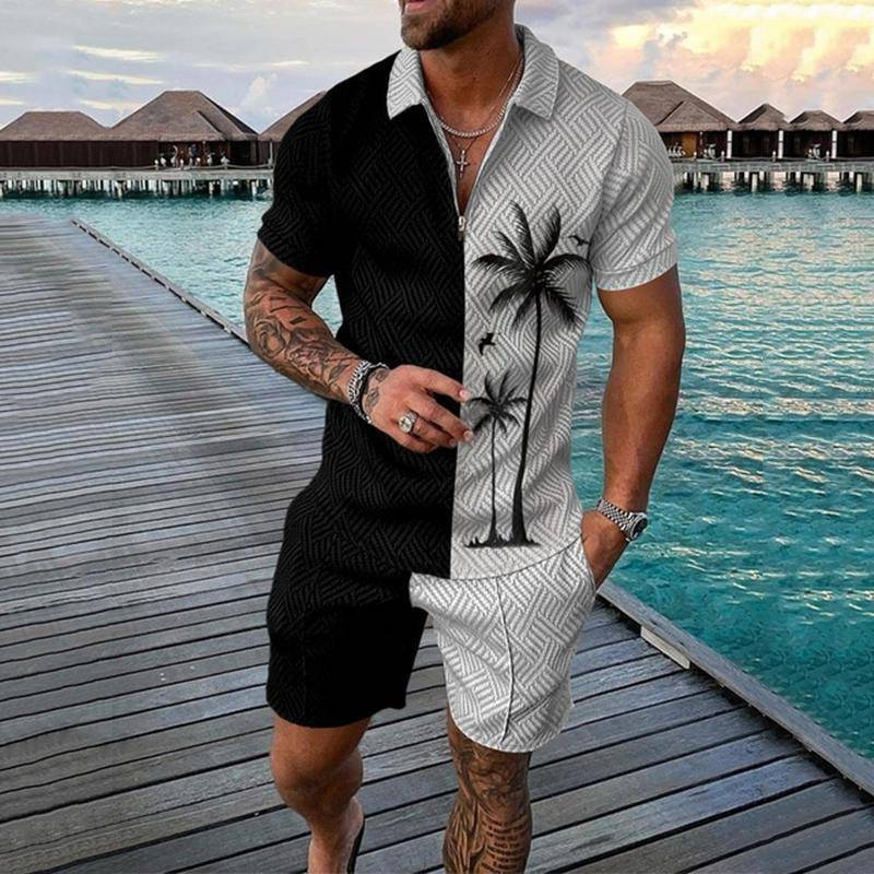 Neues modisches Poloshirt-Set mit Reißverschluss für Herren, lässig, mit 3D-Druck, kurzärmelige Hemden und Shorts_voghion.com