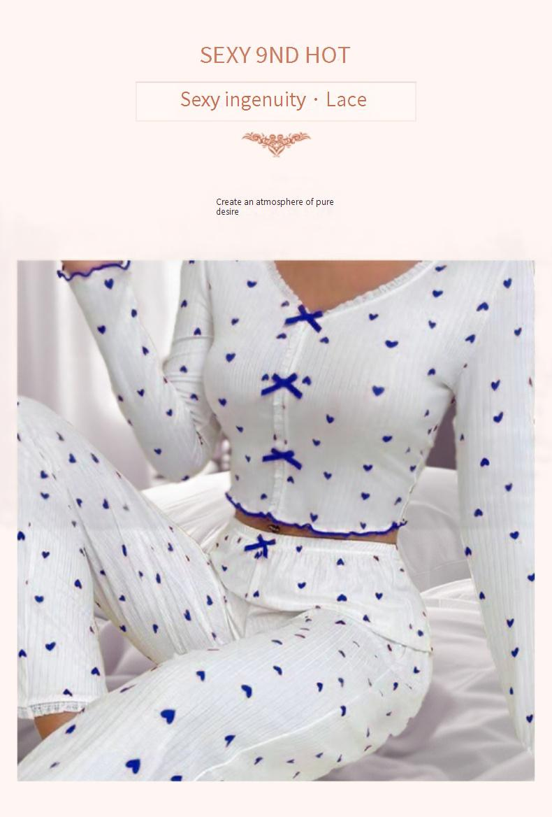 Pijamale pentru femei, cu mânecă lungă, cu decolteu în V și motive inimă ondulată, care pot fi purtate ca îmbrăcăminte exterioară, pantaloni din două piese_voghion.com