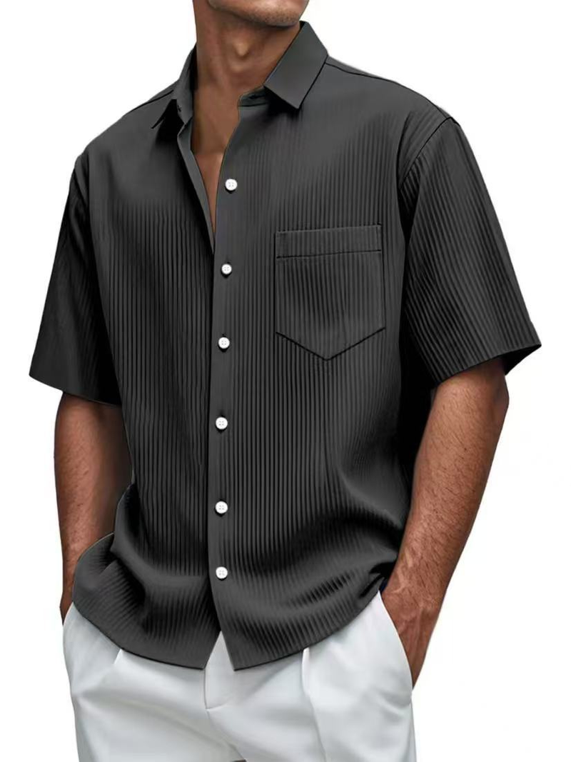 New Men's Solid Color Loose, Comfortable And Versatile Vertical Striped Short-sleeved Button Set_voghion.com