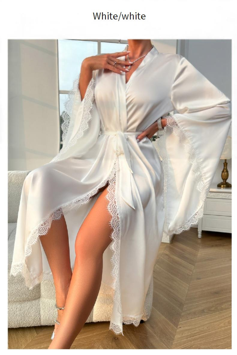 Damen Nachtwäsche Neue Satin-Pyjamas Frauen Spitze Licht Luxus Langarm Cool Nachthemd Bademantel Home Kleidung_voghion.com
