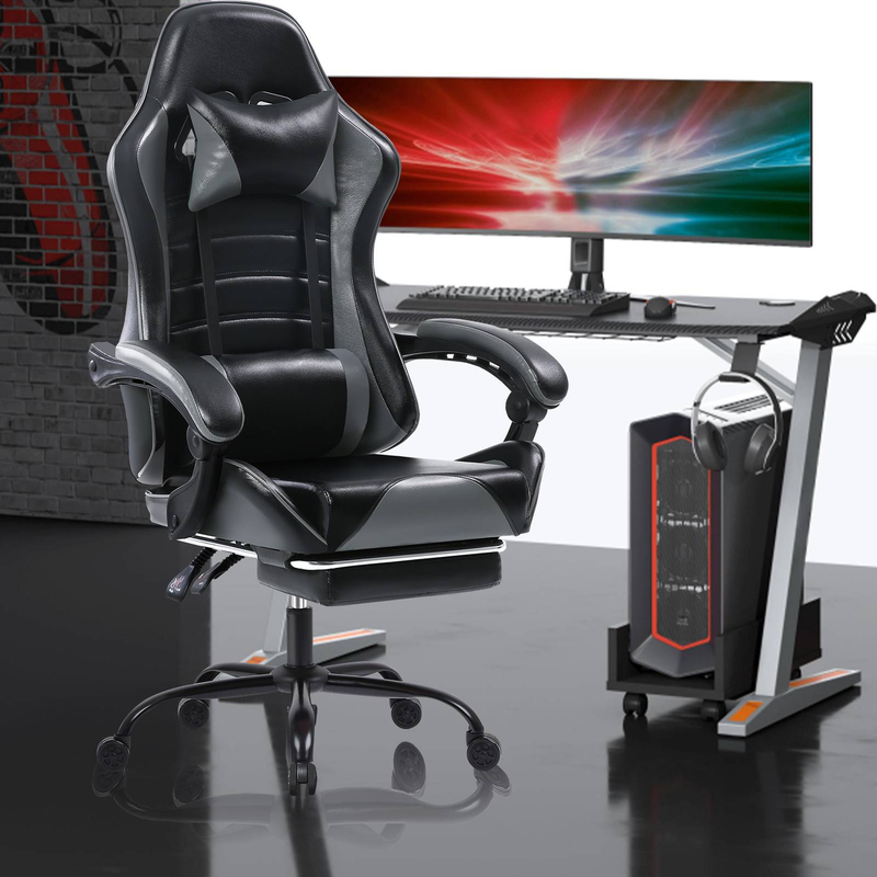 Ergonomischer Gaming-Stuhl mit Fußstütze, PU-Leder, Grau, groß und hoch, 360° drehbar, verstellbare Neigung (90–155°), für Erwachsene, Verwendung im Büro/am Schreibtisch_voghion.com