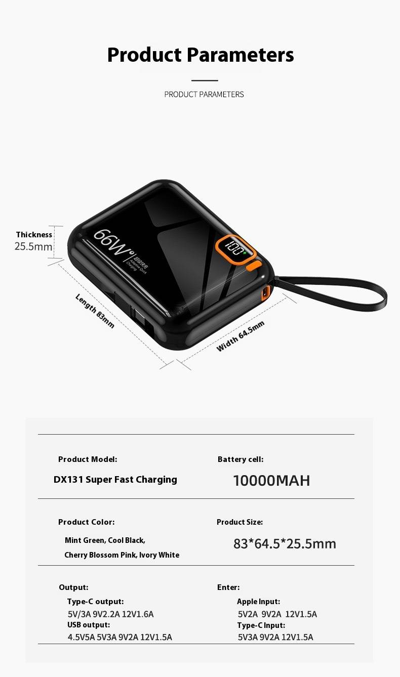 66W PD Fast Charging Power Bank 10000mAh - Mini Portable With Built-in Cable, Quick Charge 3.0, Digital Display, For IPhone/Samsung/Android_voghion.com