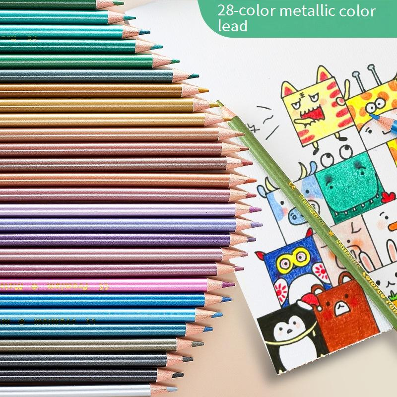 Lápis de cor metálicos TaSteful de 28 cores para desenho, esboços e arte - Estojo de madeira premium, tons metálicos vibrantes para estudantes e artistas_voghion.com