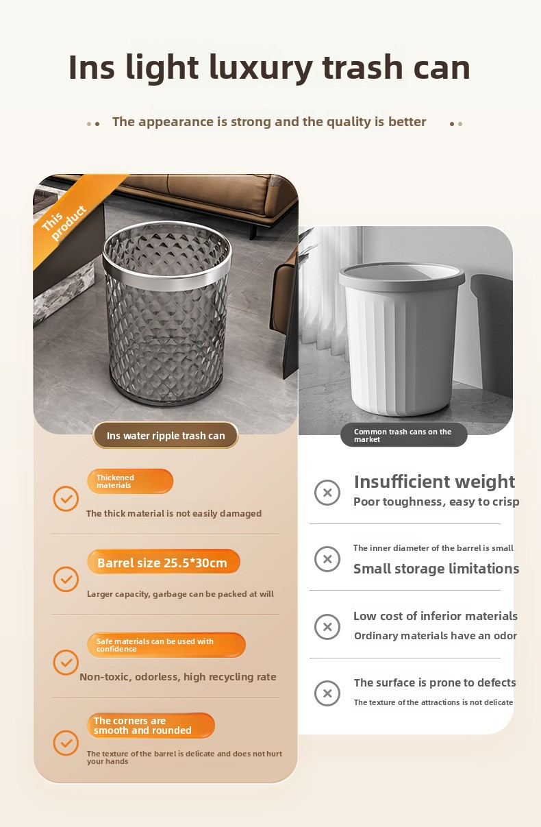 Modern Wave-Pattern Trash Bin – 12L Large Capacity, Sturdy Plastic, No-Lid Design For Home & Office (Transparent/Gray/Coffee Options)_voghion.com