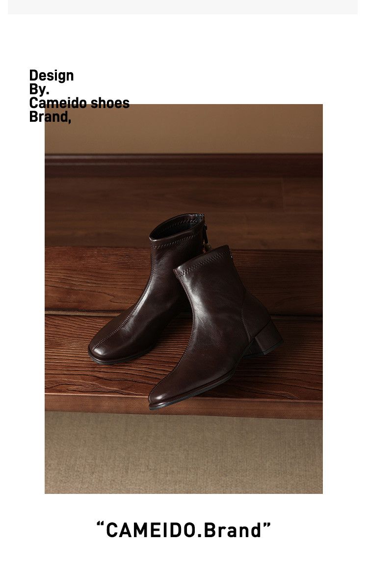 Cameido Women's Square Toe Chunky Heel Short Boots With Beads And Zipper Back Stylish Fashion Boots Medium Heel Slim Boots_voghion.com