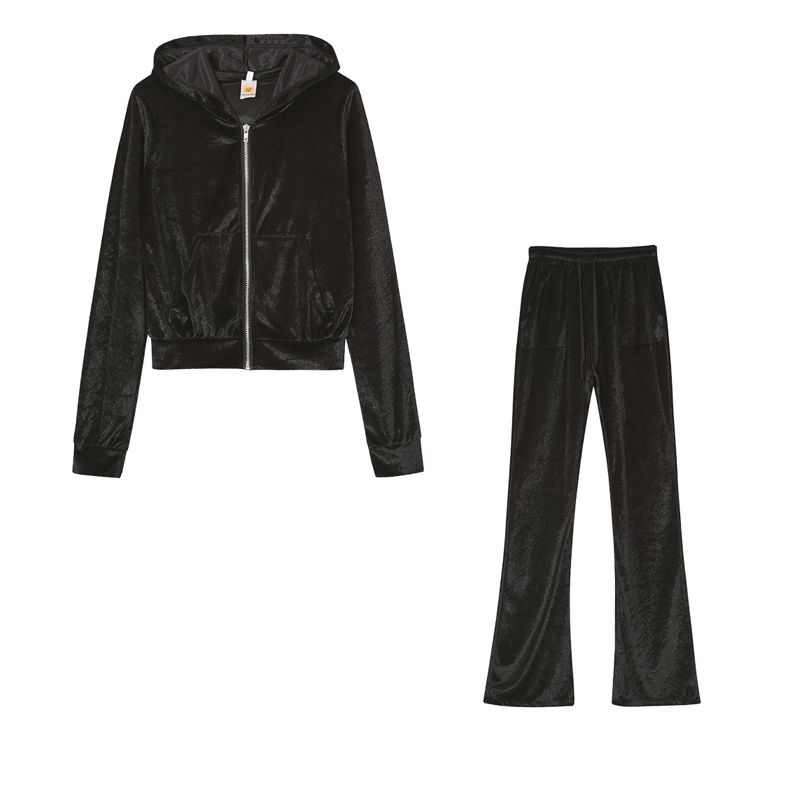 Women's Solid Color Multi-color Casual Canary Pocket Hooded Zipper Hoodie Wide Leg Pants Two-piece Set_voghion.com