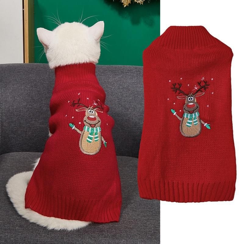 Welpenpullover, mittelhoher Kragen, bestickter Schneemann, Weihnachtsmann, Rentier-Druck, einfarbig, gestrickt, hochelastisch_voghion.com
