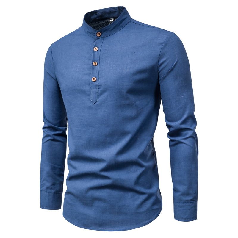 Camicia da uomo a maniche lunghe in cotone e lino autunnale da uomo_voghion.com