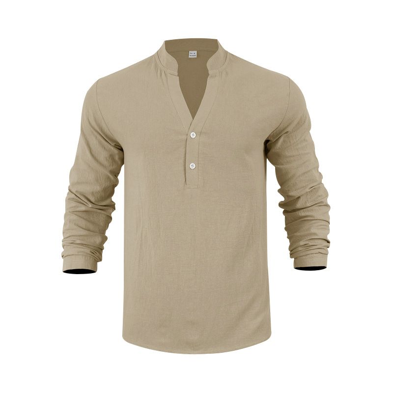 Maglietta a maniche lunghe con scollo a V in lino traspirante per uomo - Vestibilità rilassata, comfort casual, essenziale per l'estate_voghion.com