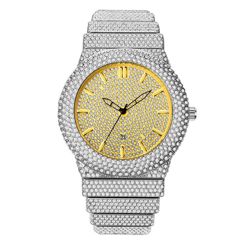 Luxuriöse Hip-Hop-Herrenuhr mit Diamantakzenten und Gold-Finish – Datumsanzeige, Quarzwerk, modisches Statement, Hip-Hop-Diamant, Luxus, goldenes Datum_voghion.com