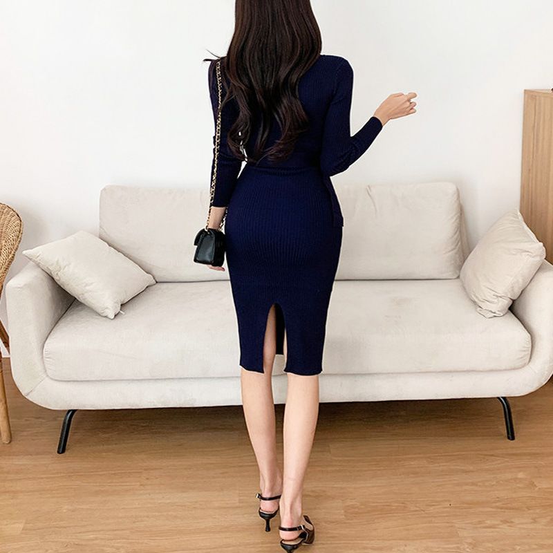 Women's Clothing Korean chic autumn and winter new temperament round neck slim fit long sleeve knitted hip dress with belt for women_voghion.com