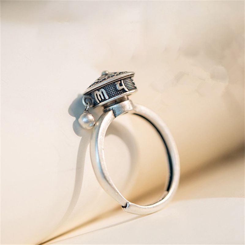 Modni retro budistički šestoliki Sveto pismo okretanje Sutra kotača za muškarce nakit etničko zvono lotosov prsten Sier žene bijou_voghion.com