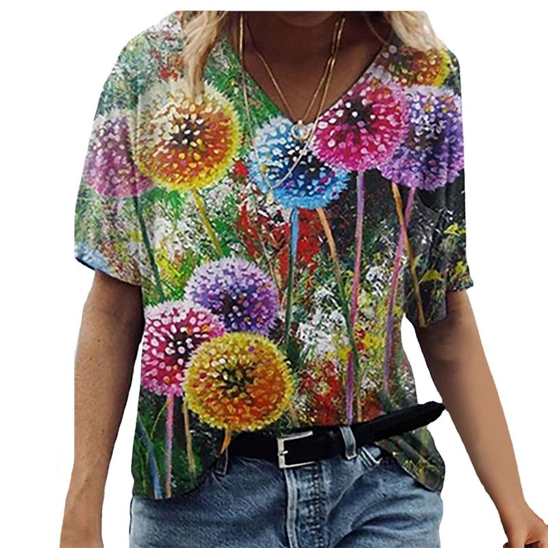 2021 New Pullover V-neck Short Sleeve Cat And Moon Print Loose T-shirt For Women_voghion.com