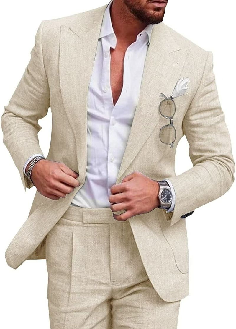 Abbigliamento da uomo nuovi abiti da uomo di grandi dimensioni abiti a due pezzi abiti in lino tinta unita con un bottone (stock completo)_voghion.com
