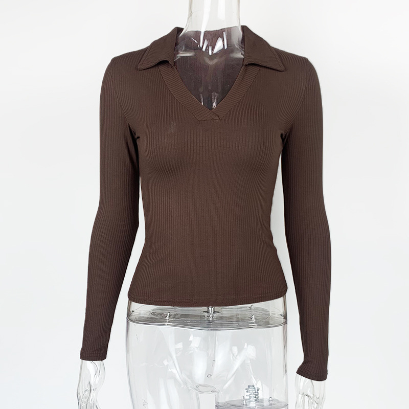 T-shirt da donna elegante con collo alto e maniche lunghe a V profonda in cotone attillato_voghion.com