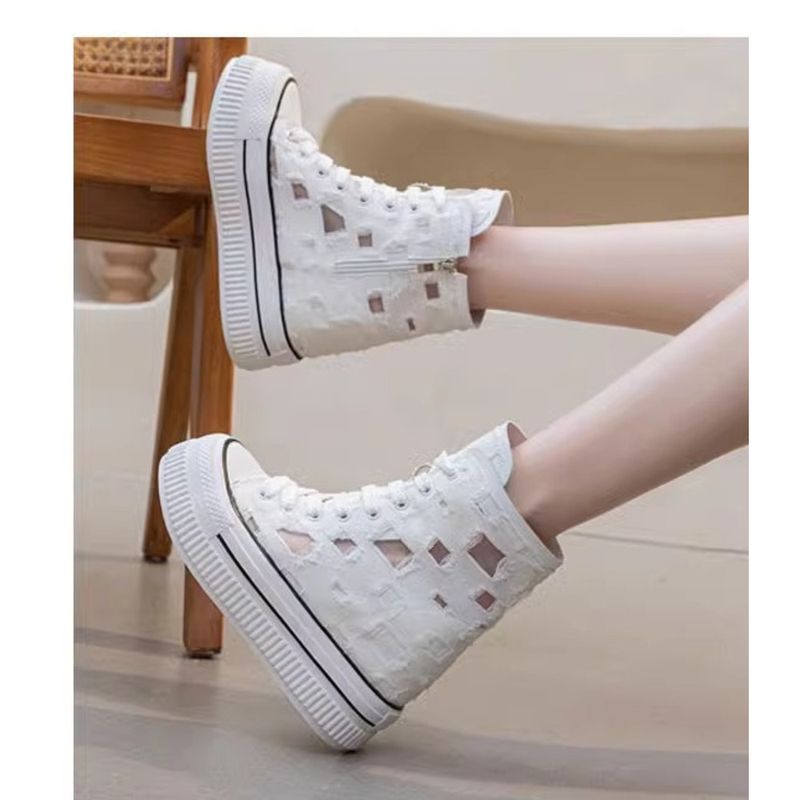 Fashion Leather Soft Bottom Thick Bottom Heightening Canvas Shoes Women's 2025 Spring And Summer New Season Mesh Breathable Hole Shoes_voghion.com