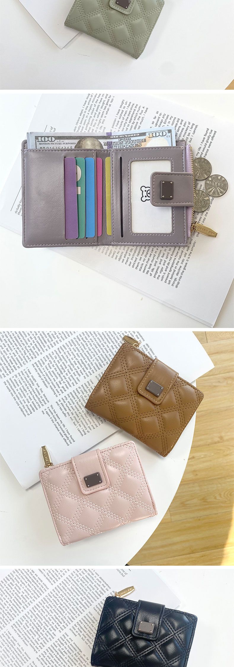 Kurze Brieftasche für Damen, neue rautenförmige High-End-Geldbörse mit kleinem Reißverschluss im Duftstil_voghion.com