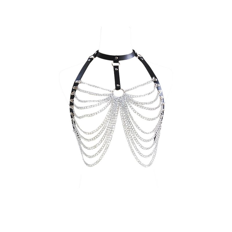 Modische mehrlagige Körperkette aus PU-Leder mit Metallakzenten – stilvoller Brustschmuck für Frauen_voghion.com