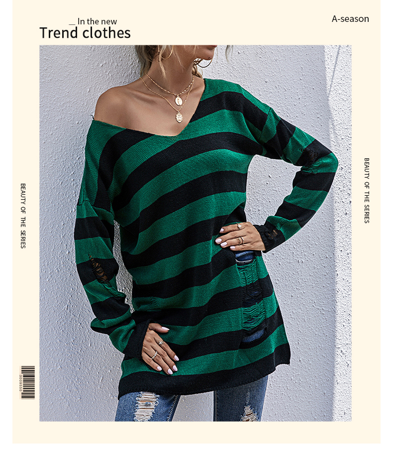 Mittellanger, schmaler, gestreifter, zerrissener Pullover mit langen Ärmeln in Kontrastfarben_voghion.com