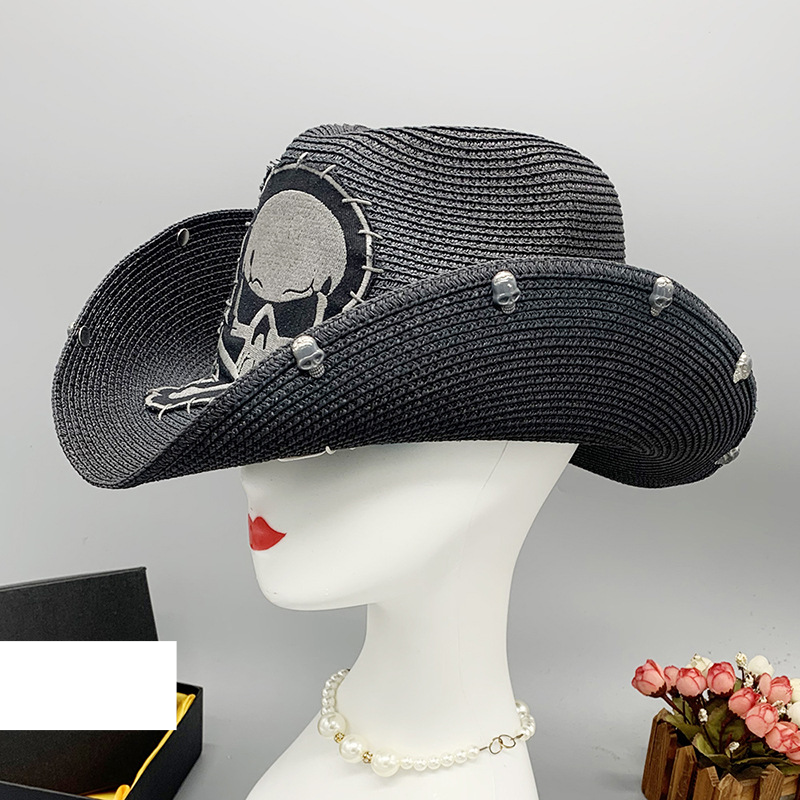 Pălărie de cowboy neagră cu craniu, personalitate masculină și feminină, pălărie de cowboy în aer liber, pălărie de paie_voghion.com
