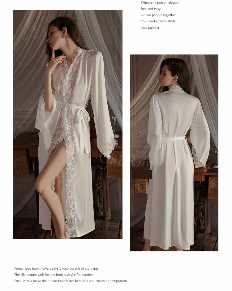 Unterwäsche & Nachtwäsche Sommer große Größe Eis Seide Pyjamas lange Spitze Spleißen Spitze äußere Robe weibliche Hauskleidung Bademantel Set 4378_voghion.com