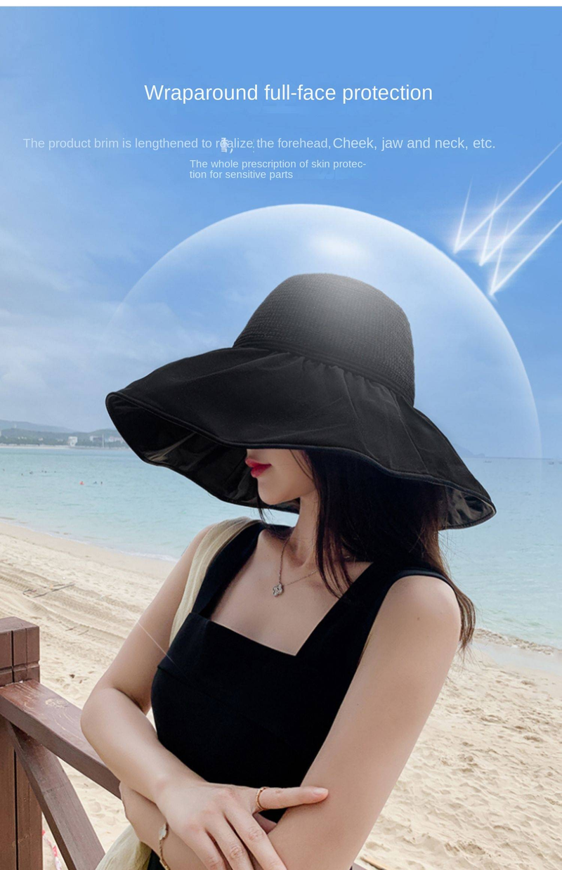 Sunscreen Hat, Women's Summer Straw Hat, UV Protection, Face Shading, Sun Hat, Fisherman's Hat, Black Rubber Big Brim_voghion.com
