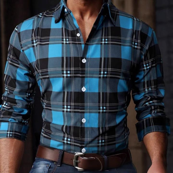 Men's Clothing Plaid Striped Printed Shirt Cuban Collar Casual Short Sleeved Lapel Shirts_voghion.com