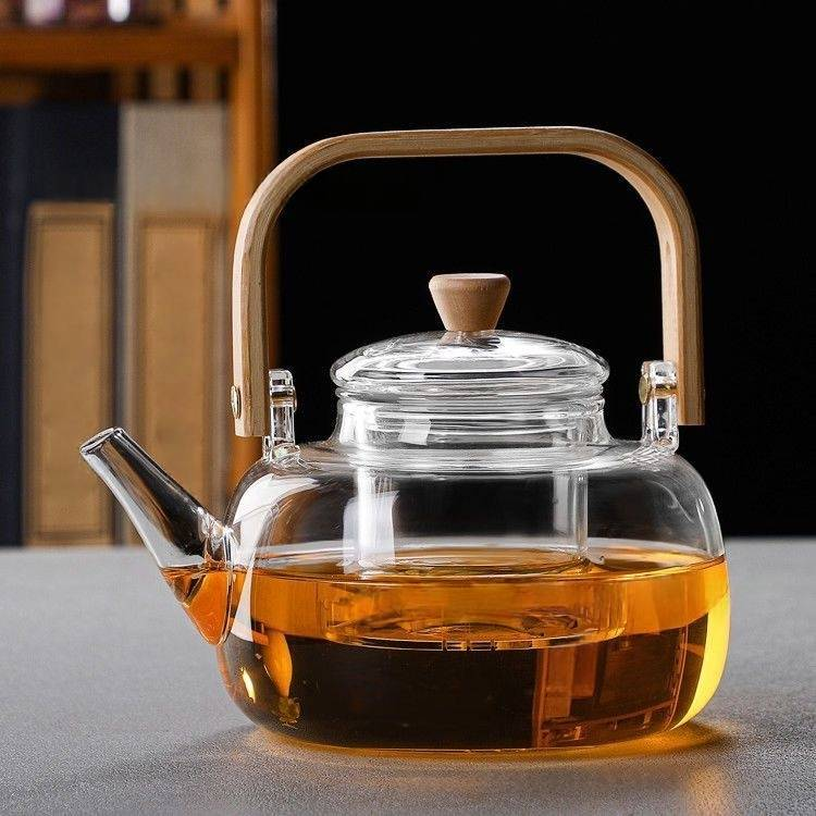 BambooZen Glass Teapot - Thickened Borosilicate With Wooden Handle (1.2L, Stovetop Safe, High-Temperature Resistant)_voghion.com