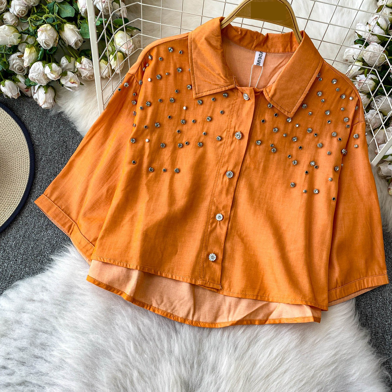 Luxe blouse met versieringen voor dames, statement revers, top met halflange mouwen, 8 levendige kleuren (zwart/groen/rood/meer) voor op kantoor en een avondje uit_voghion.com