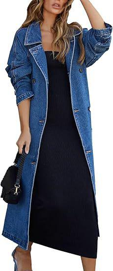 Women's Clothing Vintage Denim Duster Coat For Women – Oversized Button-Up Long Jacket Double Pockets Distressed Patchwork Design Casual Elegant Style_voghion.com
