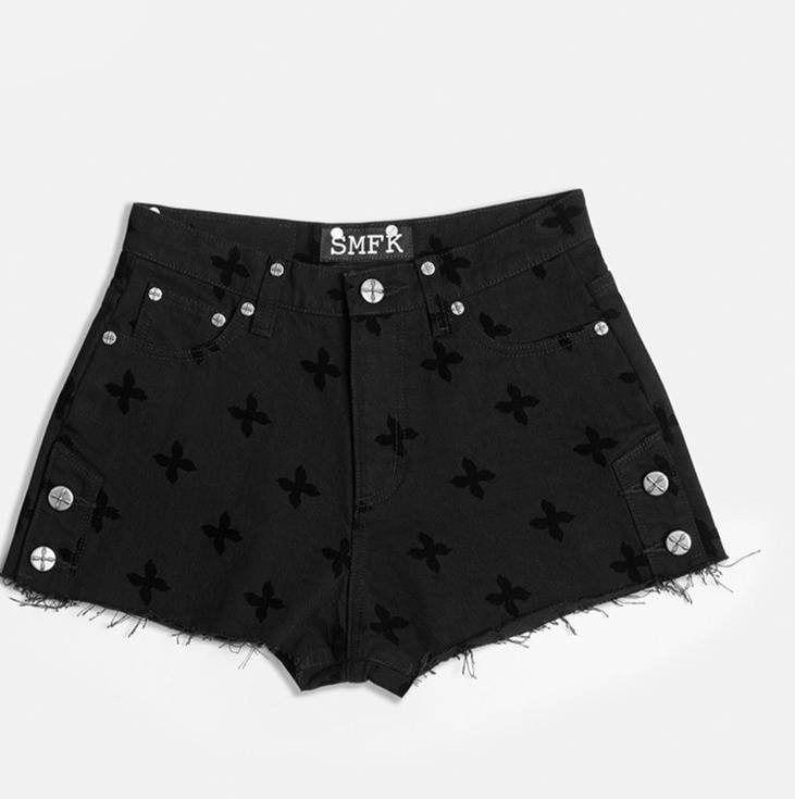 Short en jean taille haute à fleurs croisées peintes à la main, style vintage, en coton vieilli, pour femme, streetwear, mode_voghion.com