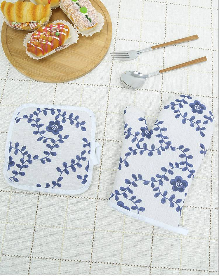 Bohemian Style Microwave Oven Gloves Set - Heat Resistant Cotton Linen Mitts With Geometric Leaf Print (26cm Length, 18cm Width, Washable)_voghion.com