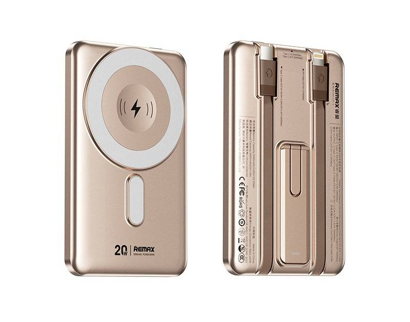 REMAX Magnetische, faltbare, kabellose Powerbank mit integrierten Kabeln, 15 W Schnellladung, 5000 mAh/10000 mAh tragbares Ladegerät für das iPhone_voghion.com