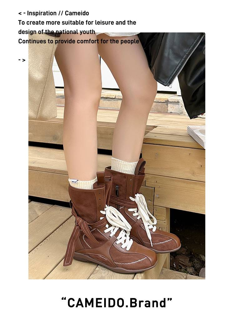 Botas de boxe femininas Cameido, moda marrom, cano médio, casuais, com cadarço, esportivas para o outono_voghion.com