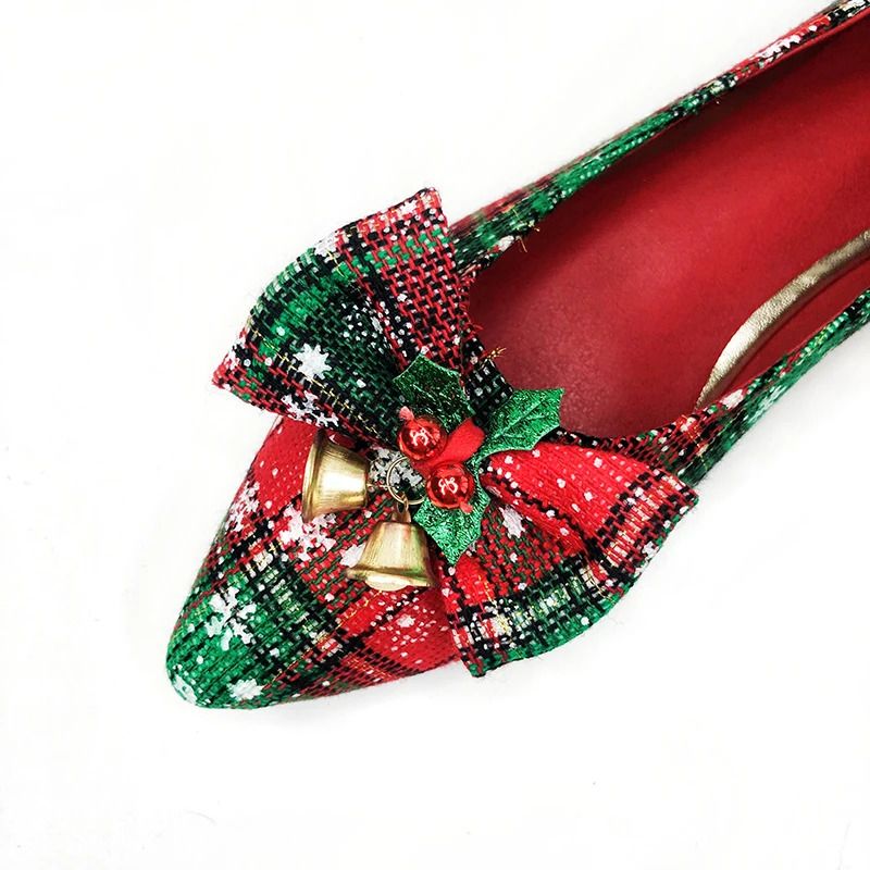 Damenschuhe für Weihnachten, spitze Zehenpartie, Mädchen-Flats mit Glöckchen, Größe 33–44, rot karierte Schuhe_voghion.com