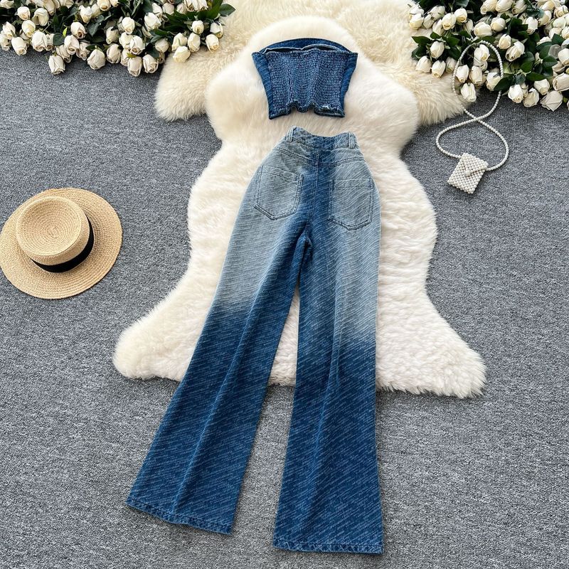 Damenbekleidung, Freizeitanzug für Damen im Sommer, hochwertige, ärmellose Weste mit Farbverlauf, gerade Jeanshose mit hoher Taille und weitem Bein_voghion.com