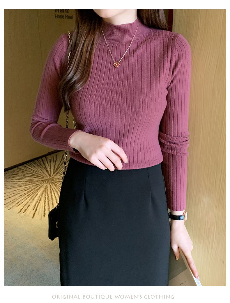 Autumn Winter New Women's Half-Polo Turtle Neck Knit Sweater Solid Color Base Layer Top Inner Outer Wear Stylish Medium Length_voghion.com