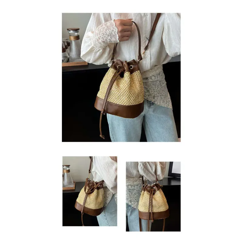 Borsa a secchiello di design di nicchia per donna, borsa a mano piccola, borsa a tracolla in paglia, stile alla moda e di alta qualità._voghion.com